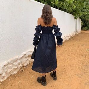 Linen off the shoulder midi dress, smocked detailing and puffed sleeves